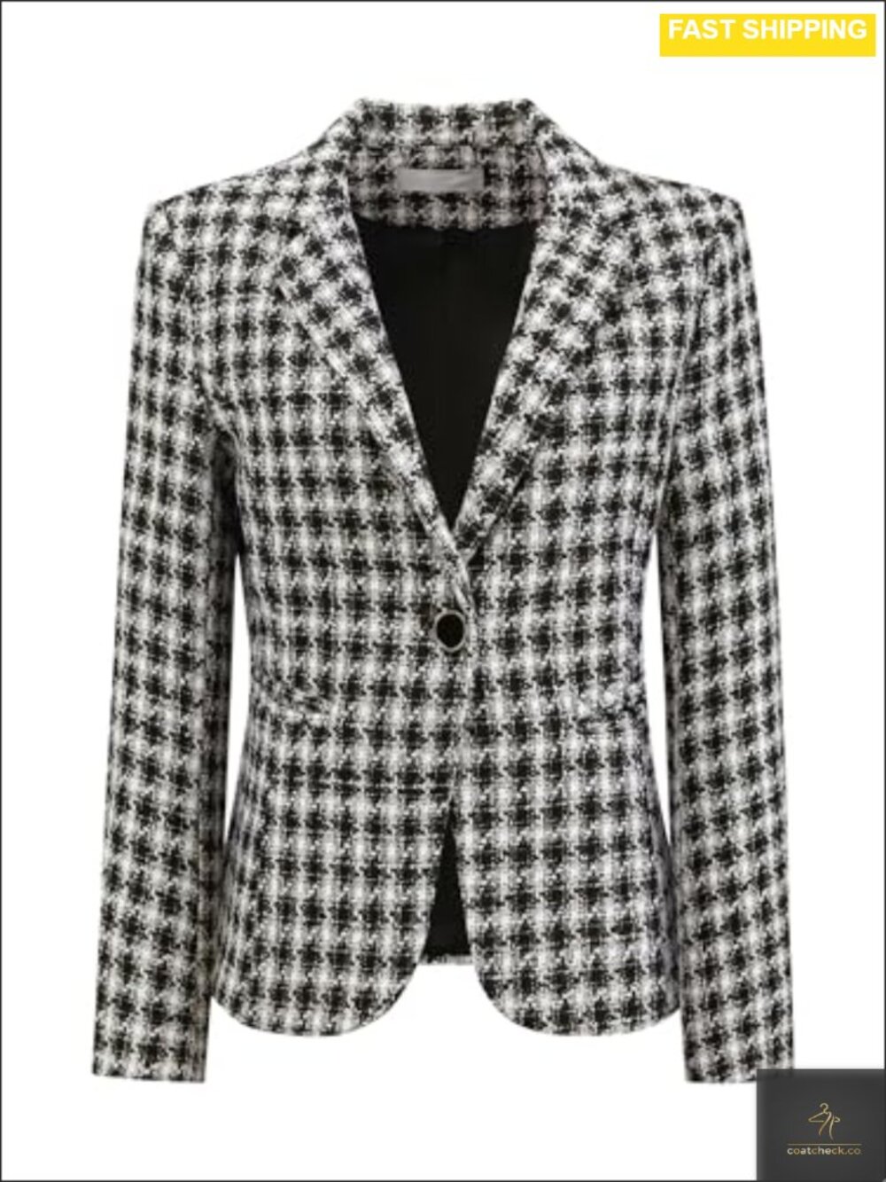 Tweed Tartan Plaid Blazer Open Front Notch Collar Business Casual Jacket